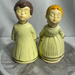 Vintage Japan Kissing Angel Figurines Pair Music Box Harp Choir Girls 8”